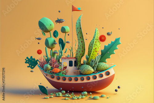 Ship with botanical elements  3d rendering  generative ai
