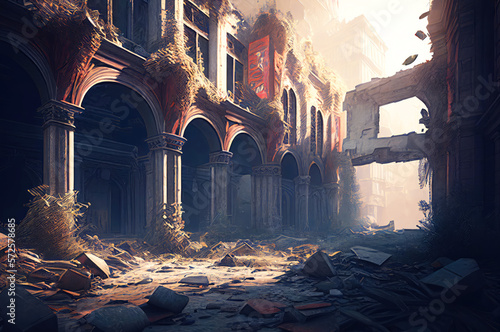 post-apocalyptic scenery with destroyed building structures, generative ai illustration