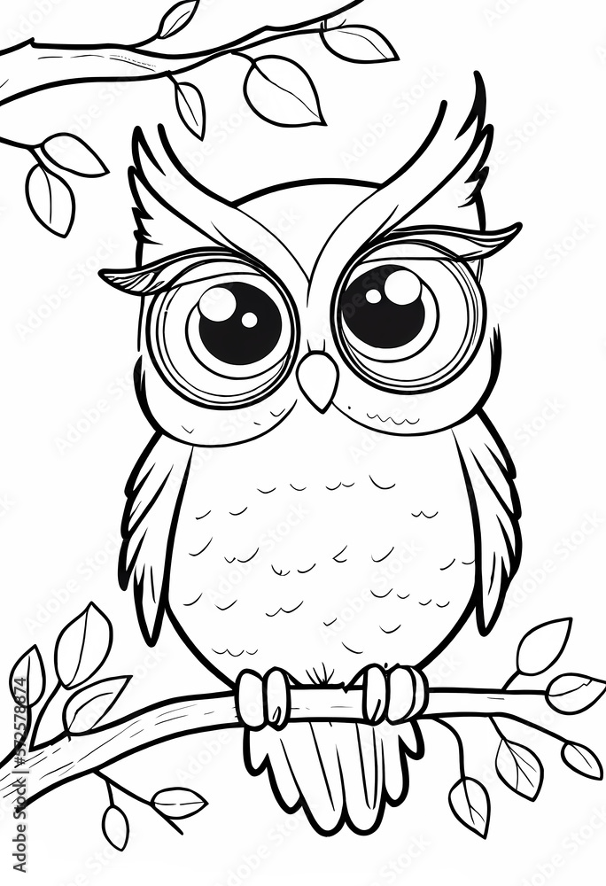Owl Drawing Coloring Page For Kids created with Generative AI Technology Stock Illustration ...