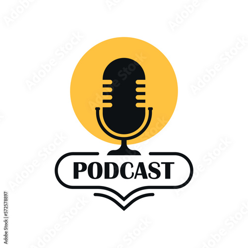 Podcast microphone icon in flat style. Audio interview vector illustration on isolated background. Studio speaker sign business concept.