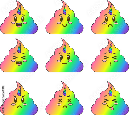 Cute happy smiling poop Unicorn rainbow Kawaii character. Vector illustration
