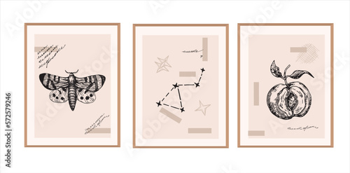 Butterfly, stars, peach. Poster template with abstract art. Vector. Hand drawn design for wallpaper, wall decor, print, flyer, cover, template, banner, poster, etc.