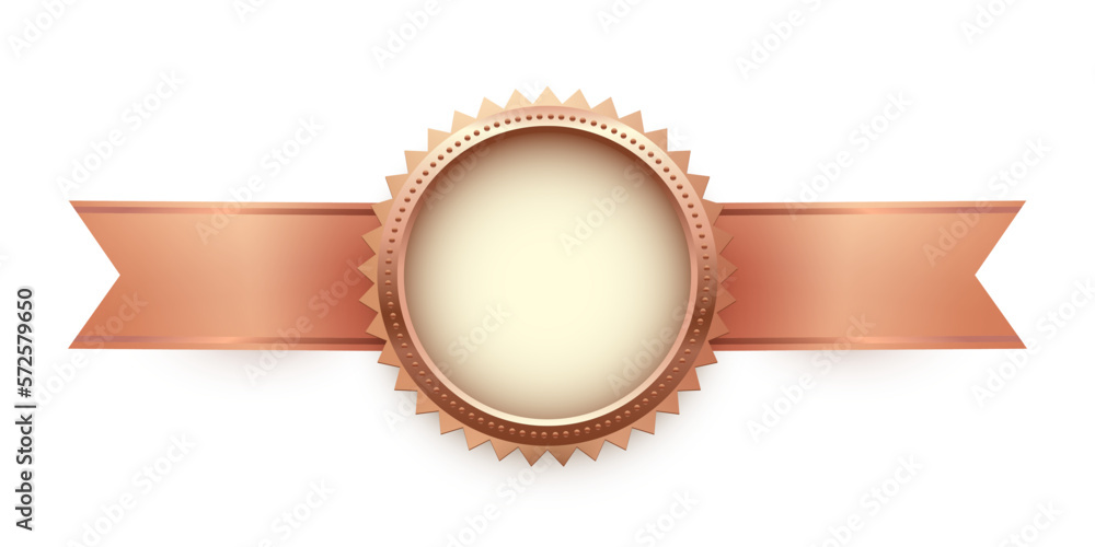 3d bronze medal on ribbon, seal trophy vector illustration. Realistic isolated brown circle medallion with frame for official winner, honor prize badge for best quality and victory of champion 3d bronze medal on ribbon, seal trophy vector illustration. Realistic isolated brown circle medallion with frame for official winner, honor prize badge for best quality and victory of champion