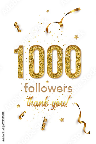 1000 followers celebration vertical vector banner. Social media achievement poster. One thousand followers thank you lettering. Golden sparkling confetti ribbons. Shiny gratitude text on white
