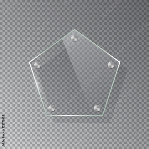 Glass pentagon shape plate isolated on transparent background. Vector realistic acrylic frame with steel rivets