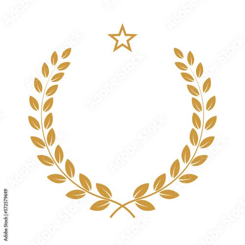 Yellow laurel wreath with star icon vector illustration. Winner award with leaves silhouette, trophy, gold certificate or birthday congratulation for ceremony isolated on white
