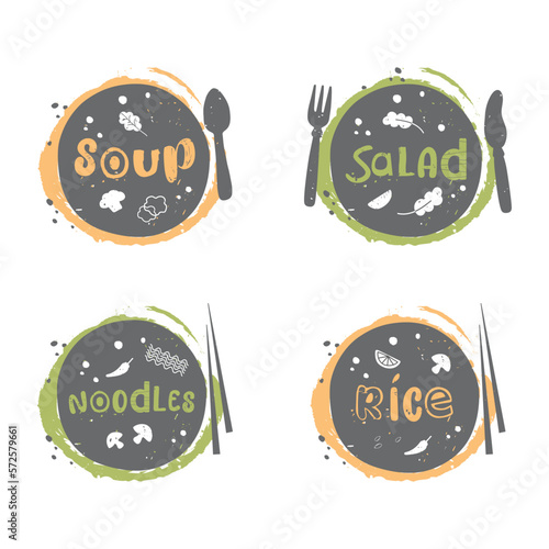 Plate with soup, salad, noodles and rice. Vector hand drawn icons for restaurant menu. Set of stickers with stylized lettering.