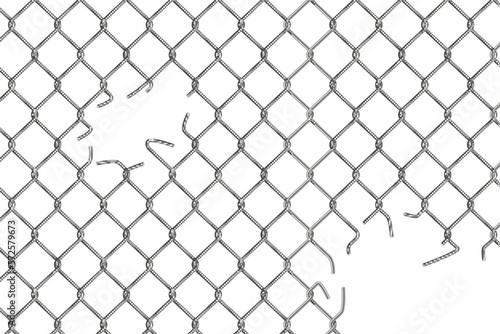 Holes in wire mesh of steel fence, 3d torn metal chains of net cage, construction barrier