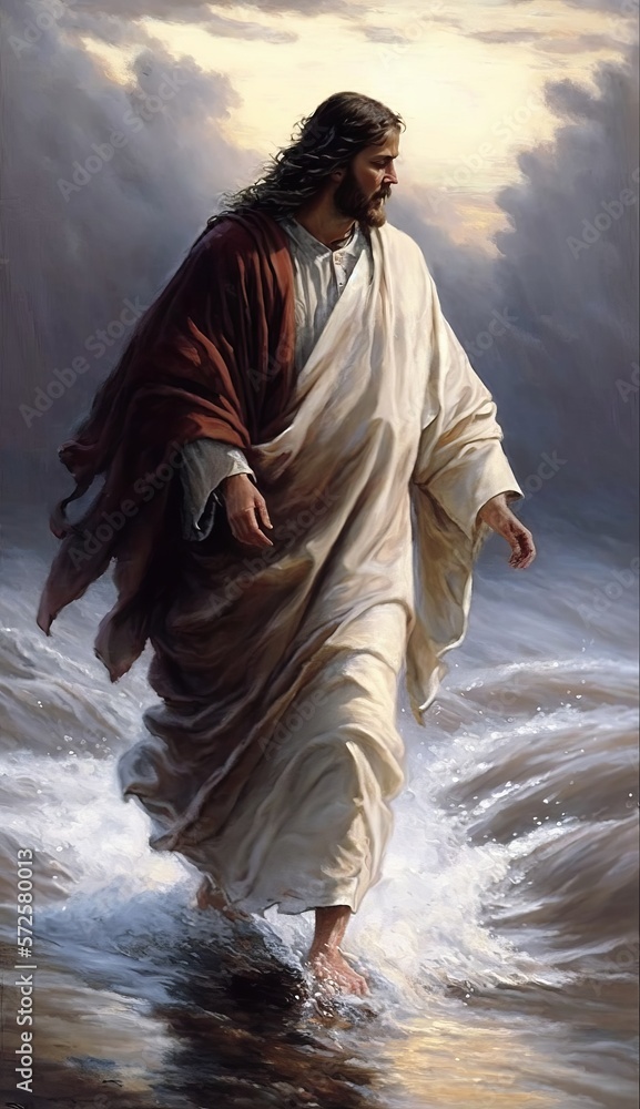 Jesus Christ Walking On Water During Storm Heavenly Rays Coming From ...