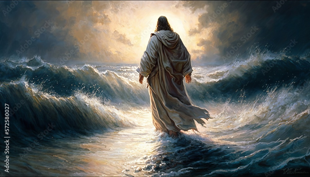 Jesus Christ Walking On Water During Storm Heavenly Rays Coming From ...