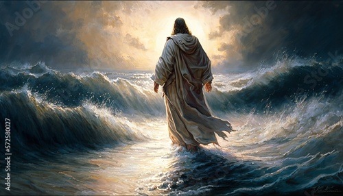 Jesus Christ Walking On Water During Storm Heavenly Rays Coming From Cloudy Sky Painting