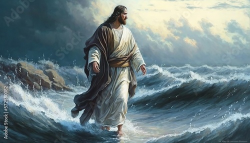 Jesus Christ Walking On Water During Storm Heavenly Rays Coming From Cloudy Sky Painting