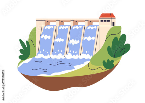 Hydroelectric power, water station. River dam. Hydropower, hydro energy concept. Renewable sustainable electricity resource, aqua reservoir. Flat vector illustration isolated on white background