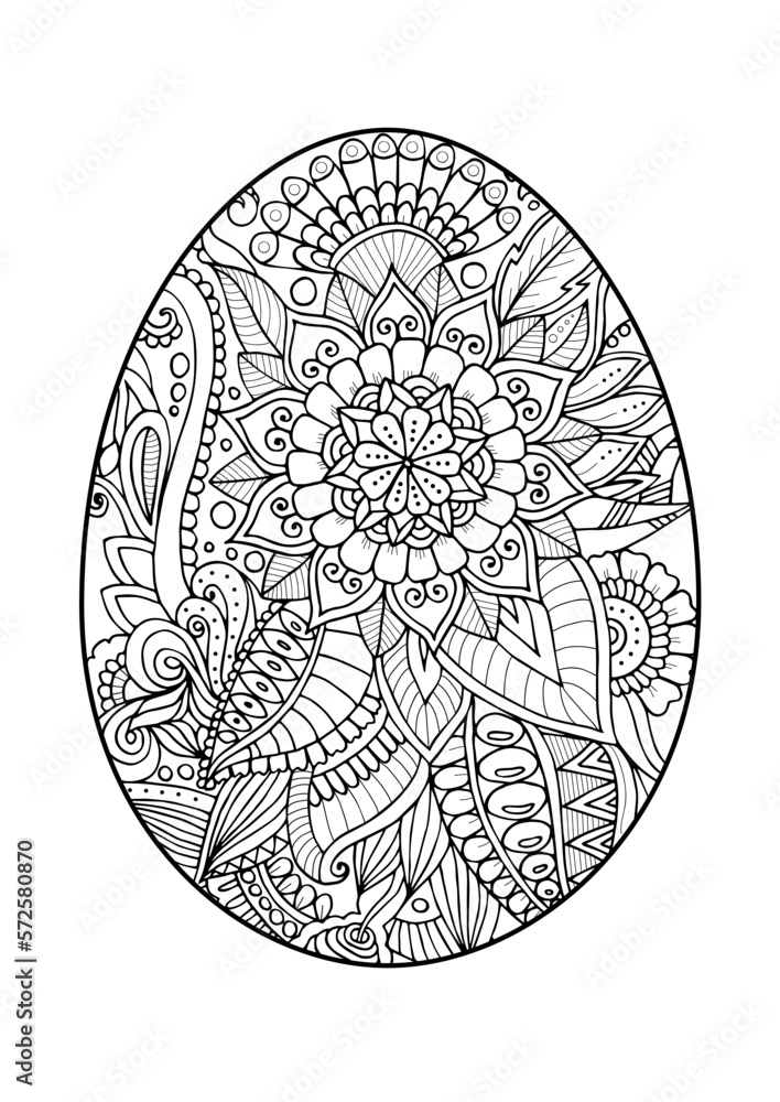 Easter egg patterned with flowers, abstract ornaments. Outline easter decor for coloring.