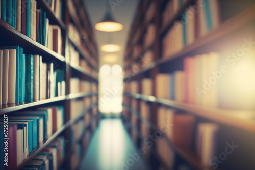 Abstract blurred public library interior space. blurry room with bookshelves by defocused effect.background business or education.Generative AI