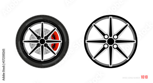 Realistic car rim. Wheel and rim symbol in modern and flat style. Vector illustration of car element for web and mobile design. Isolated on white background.