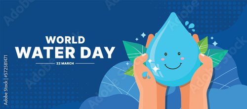 world water day - hands hold cute drop water charecter and leafs around on blue background vector design