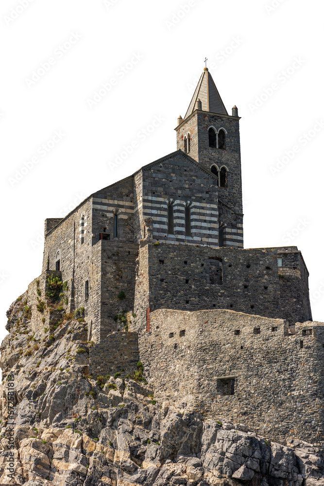 Portovenere or Porto Venere, medieval church of San Pietro (Saint Peter, 1198), isolated on white or transparent background. UNESCO world heritage site. La Spezia, Liguria, Italy, Europe. Png.