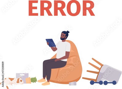 Losing internet connection on tablet 404 page not found illustration. Displeased man with mess around flat vector 2D cartoon character. Editable error flash message for application, web UX, UI design