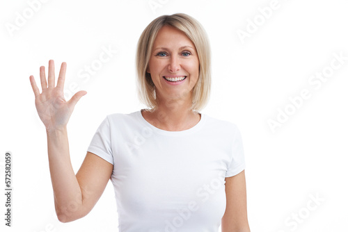 Picture of blonde woman over back isolated background counting on fingers