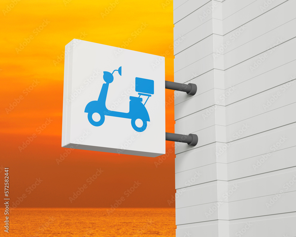Motorcycle icon on hanging white square signboard over sunset sky and sea, Business delivery service concept, 3D rendering