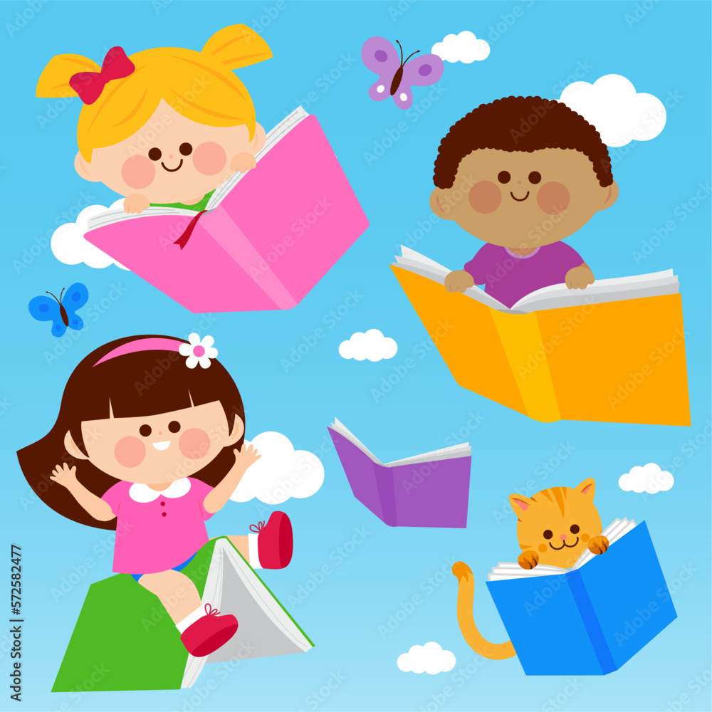 Happy children reading and flying in the sky with books. Vector illustration Happy children reading and flying in the sky with books. Vector illustration
