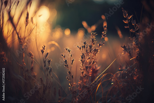 Grass Illuminated By Sun. Dusk Time. Grass In Sunset Sunlight. Summer Sunset. Generative AI