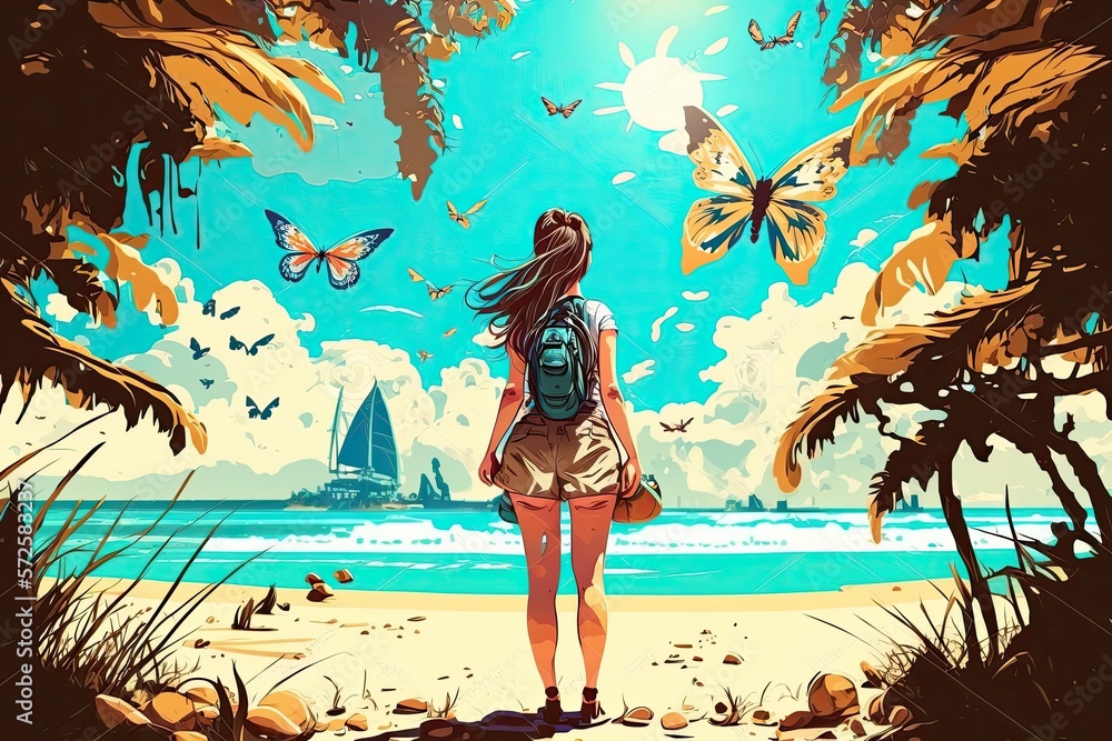 Girl tourist on the beach with palm trees and butterflies flying in the sky. Generative ai.