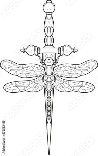 Hand drawn linear illustration. Isolated vector illustration with sharp dagger and dragonfly in vintage, retro style. Element for tattoo sketch or print 