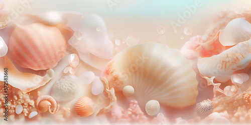 Banner with sea shells under water, delicate colors. Created with Generative AI. © iconogenic