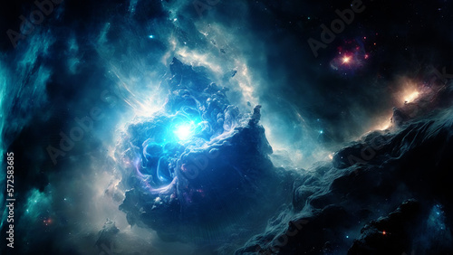 Large panoramic view of a colorful dark blue nebula in space. Cosmic background with bright shining stars, galaxies and deep universe. Generative ai