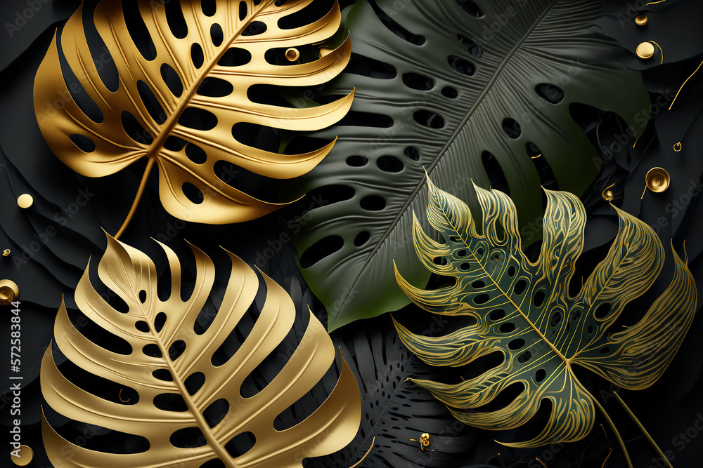 Black and gold tropical leaves background. Golden foliage leaf texture ...
