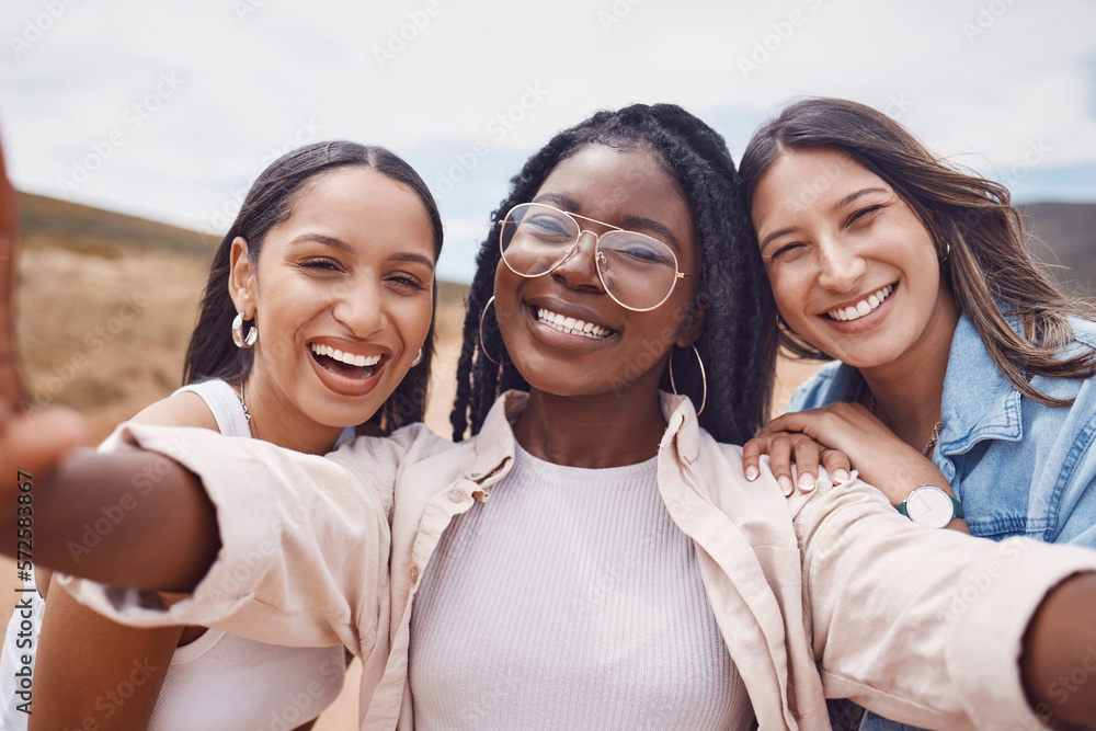 Woman, friends and portrait smile for selfie, travel or holiday journey adventure in the countryside together. Happy women smiling for photo memories, online post or profile picture on vacation break Woman, friends and portrait smile for selfie, travel or holiday journey adventure in the countryside together. Happy women smiling for photo memories, online post or profile picture on vacation break