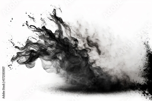 Black smoke explosion on empty white background. Isolated abstract burst brush. Generative ai