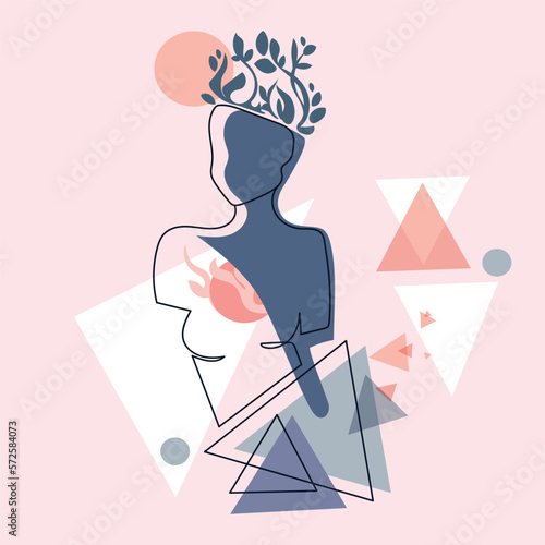 Abstract aesthetics female body with geometric shape abstract composition,feminine figure line drawing.Contemporary woman silhouette vector illustration.Surreal sculpture of a woman with flowers