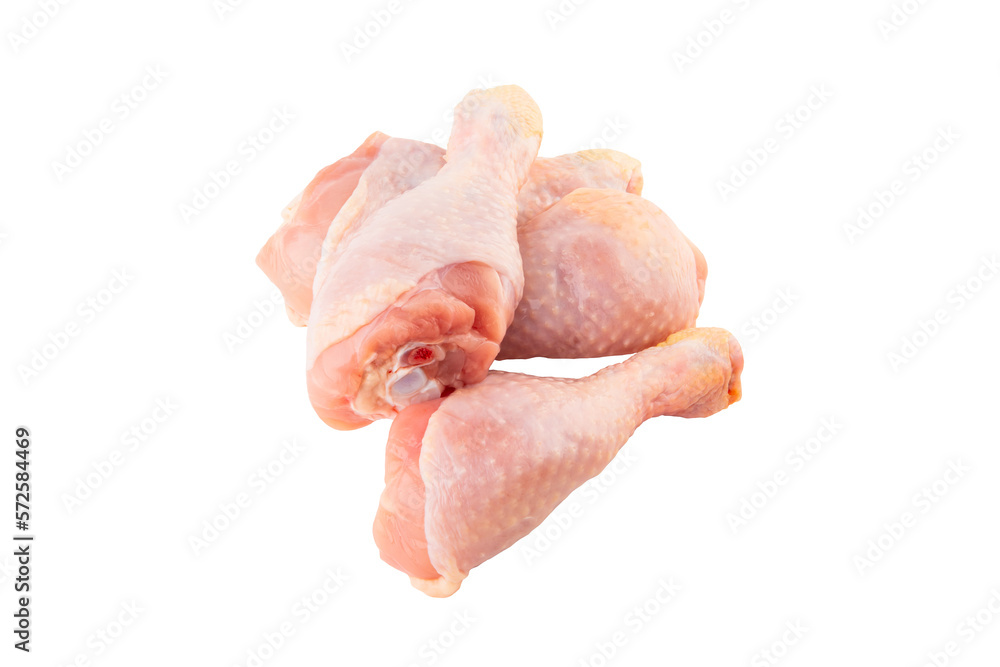 Raw chicken legs isolated on white background with clipping path. Three chicken drumstick close-up