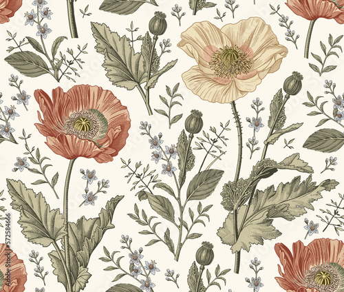Seamless pattern. Beautiful blooming realistic isolated flowers. Vintage background fabric. Poppy Poppies wildflowers set. Wallpaper baroque. Drawing engraving sketch Vector victorian illustration