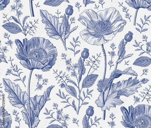 Seamless pattern. Beautiful blooming realistic isolated flowers. Vintage background fabric. Poppy Poppies wildflowers set. Wallpaper baroque. Drawing engraving sketch Vector victorian illustration