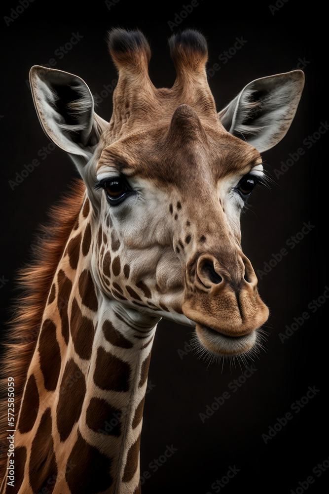 Giraffe portrait on dark background. AI Generative