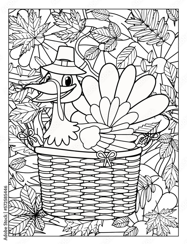 Coloring book for adult and older children. Coloring page with a picture of a turkey in a basket.