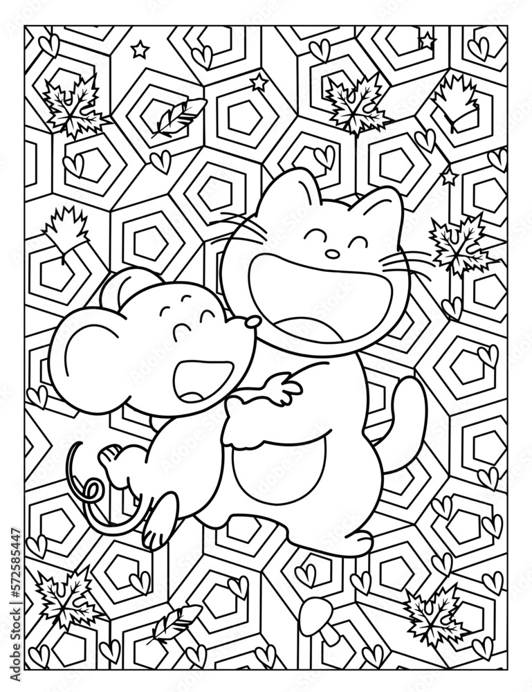 Coloring book for children: happy cat and mouse in autumn forest