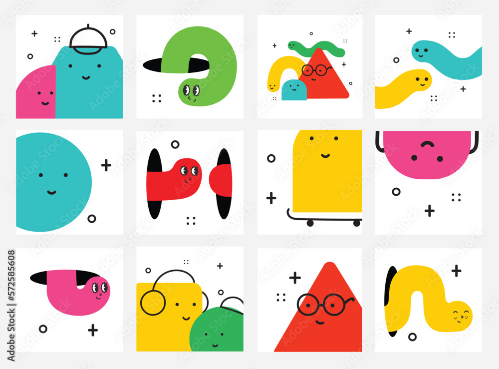 Cute cartoon geometric figures with different face emotions, funny poster idea for kids. Colorful characters with textures, trendy vector illustrations, basic various figures