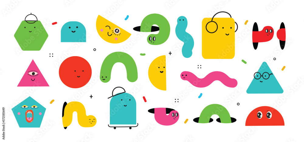 Cute cartoon geometric figures with different face emotions, funny poster idea for kids. Colorful characters with textures, trendy vector illustrations, basic various figures Cute cartoon geometric figures with different face emotions, funny poster idea for kids. Colorful characters with textures, trendy vector illustrations, basic various figures