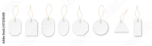 Blank paper price vector tags or gift tags in different shapes. Set of labels with cord. Vector