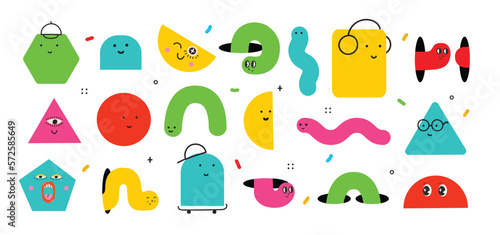Cute cartoon geometric figures with different face emotions, funny poster idea for kids. Colorful characters with textures, trendy vector illustrations, basic various figures