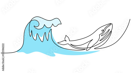 One line drawing of wave chasing whale isolated on white background
