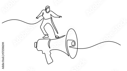 One line drawing of man standing on horn isolated on white background