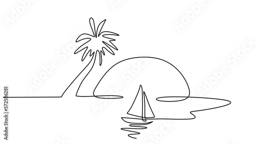 One line drawing of sunset beach and boat isolated on white background