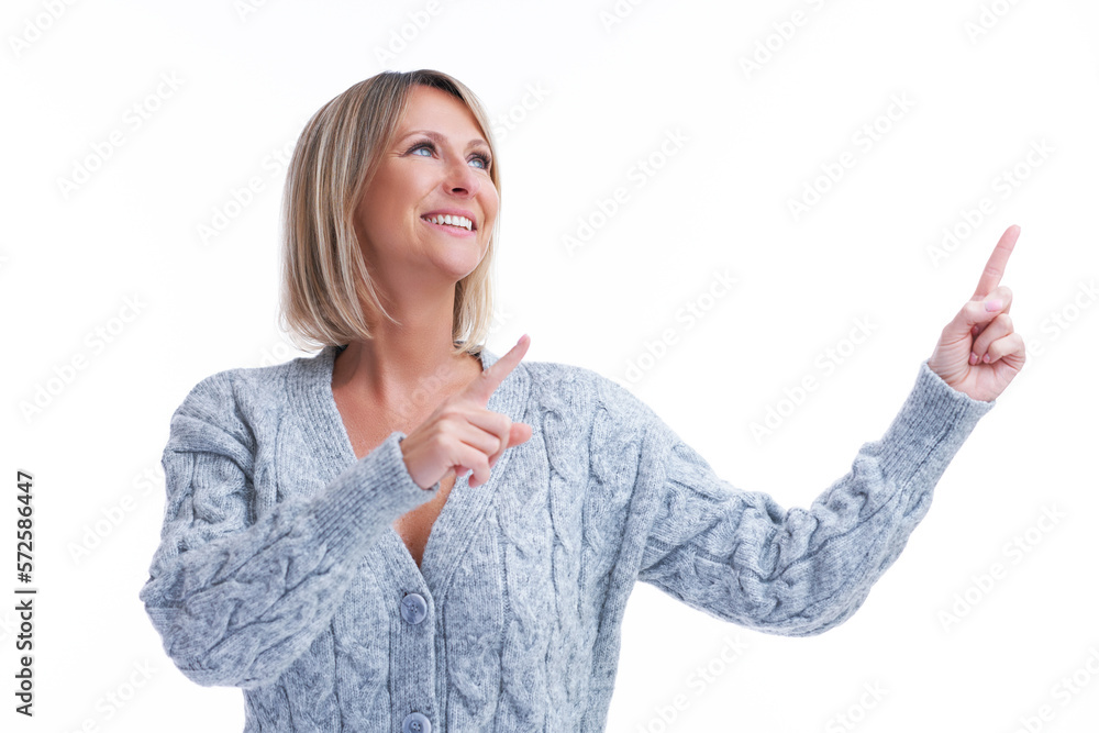 Picture of blonde woman over back isolated background showing empty space Picture of blonde woman over back isolated background showing empty space