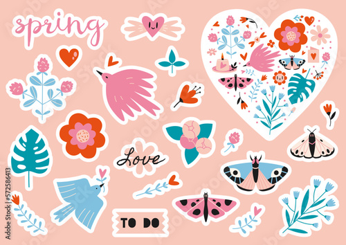 Set of  stickers for planner and diaries, vector flat illustration. Cute sticker pack with spring vibe, flower, hearts, birds, butterfly. Cartoon image and lettering. Decorations for notebook.